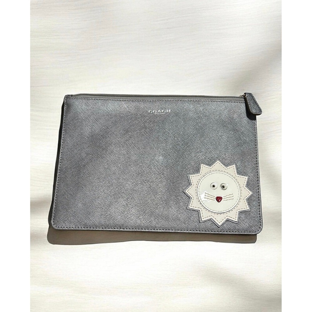 Coach Darcy Leather Lion Accessory Pouch F62855 Metallic Pewter Gray Clutch $150